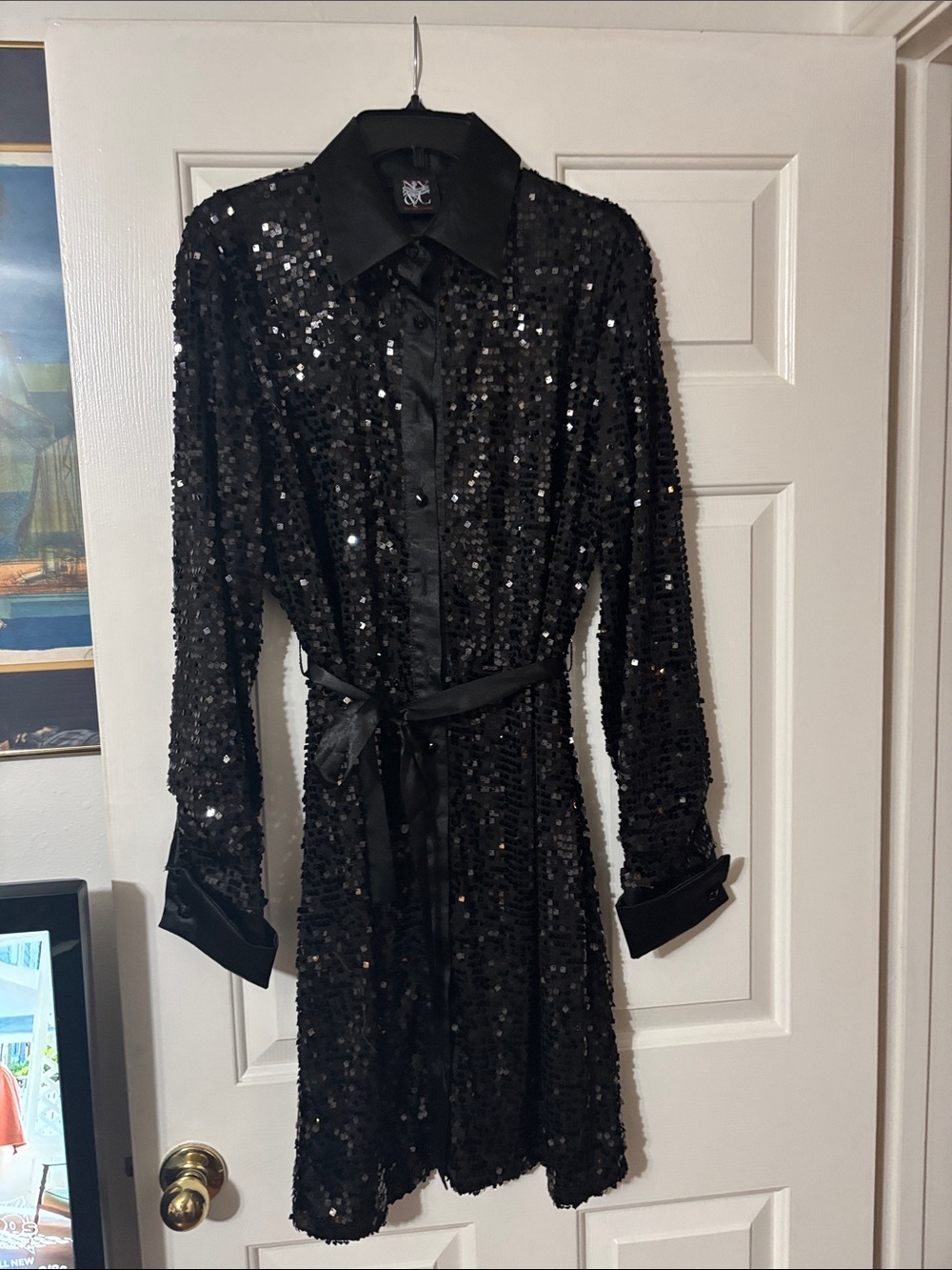New York & Company Black Sequin Shirt Dress with Satin Tie NWT size Xl